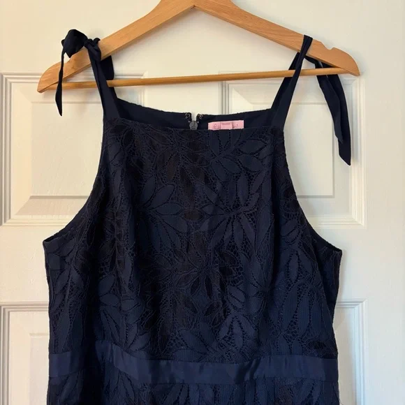 Lilly Pulitzer Kayleigh Shift Dress True Navy Blue Fern Gallery Bow Lace 12 Sun - Picture 5 of 11